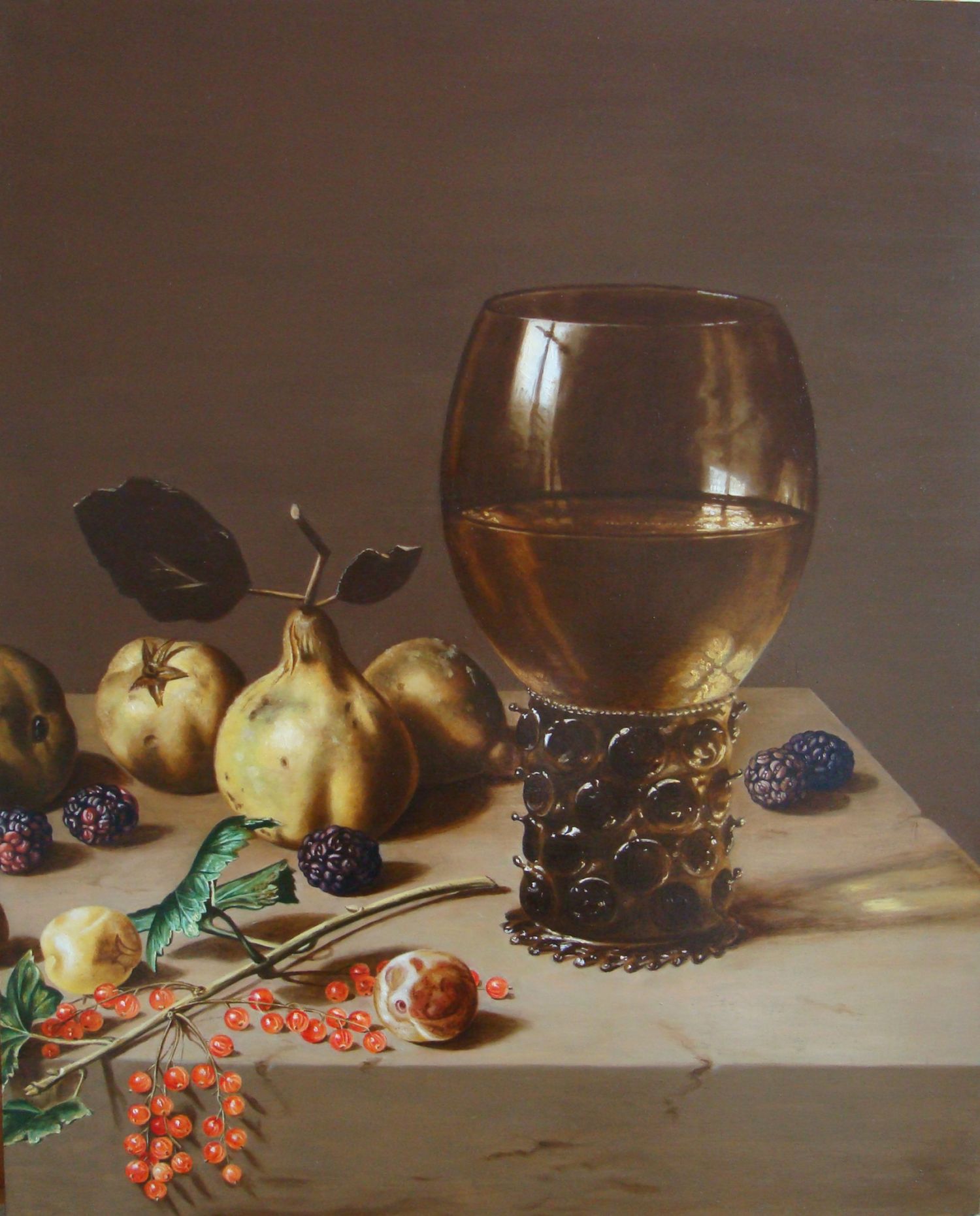Kopie: Öl auf Holz, 49x39.5 cm, April 2008
Original von Pieter Claesz, "Grosser Römer mit Früchten", um 1627